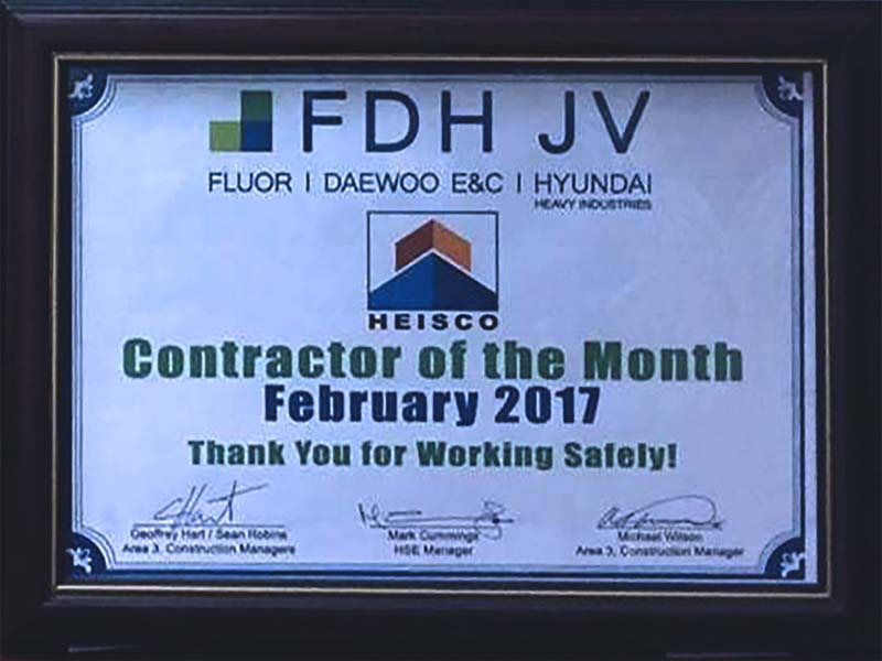 Contract of the month certificate for Heisco from FDH JV